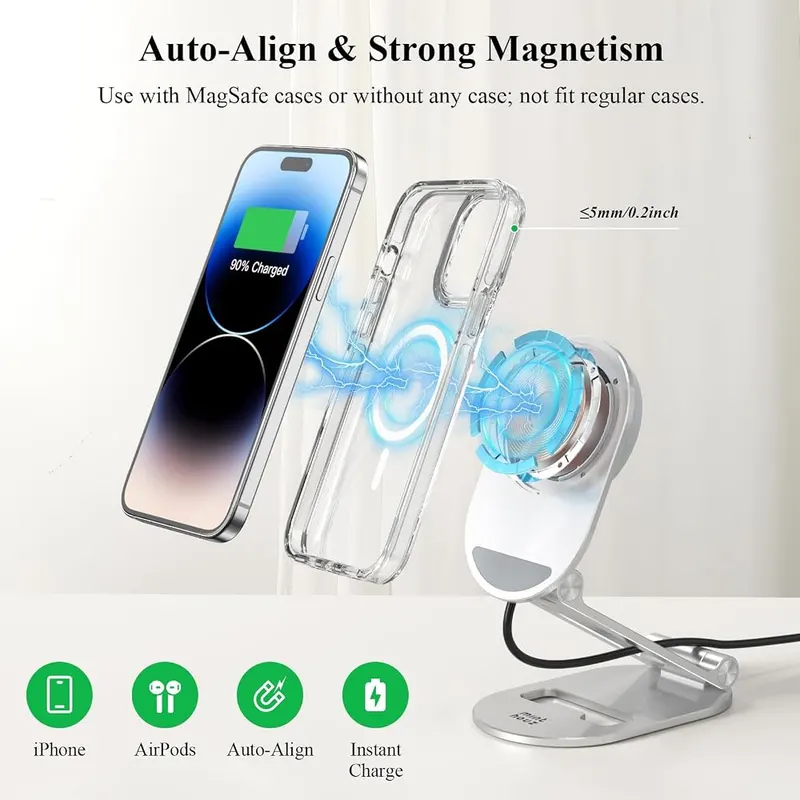 Minthouz Magnetic Wireless Charger Silver – Foldable, travel-friendly design