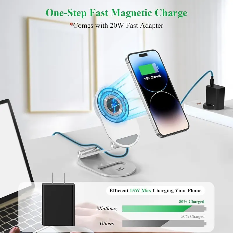Minthouz Magnetic Wireless Charger Silver – 20W adapter included