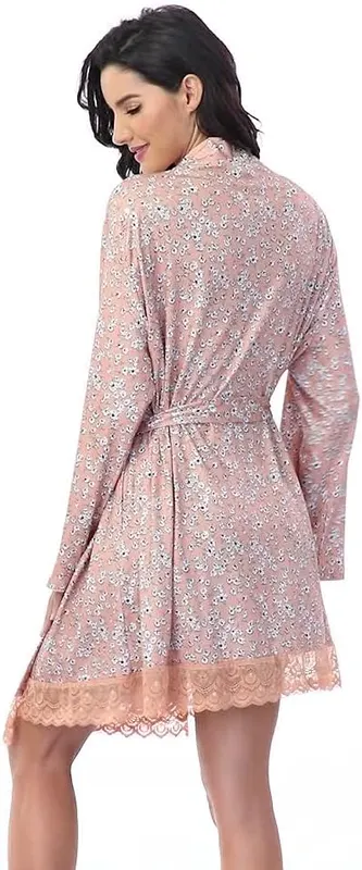 MissNina Floral Maternity Robe – Floral print with lace trim details for