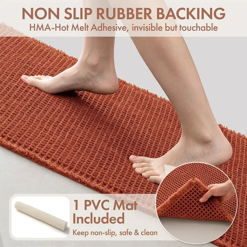 MIULEE Fall Orange Waffle Bathroom Runner Rugs – ULTRA WATER ABSORBENT：Double layer of deep waffle texture