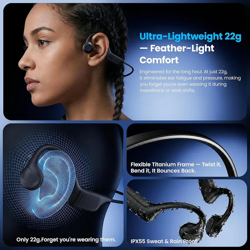 MJOFFIN 2027 Bone Conduction Headphones Bluetooth 6.0 – Bluetooth 5.4 & Stereo Sound