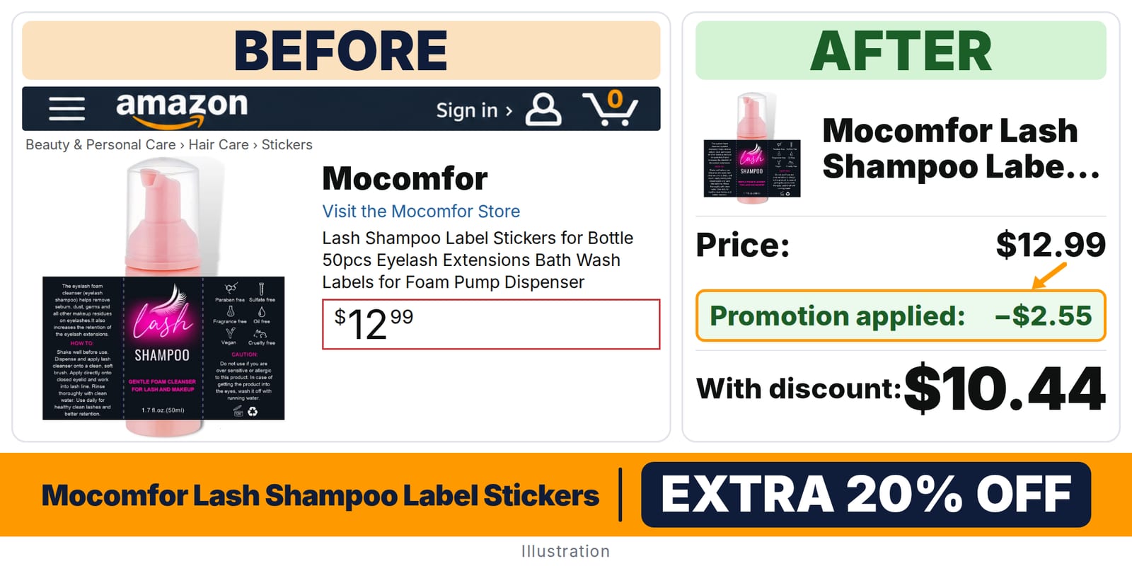 Mocomfor Lash Shampoo Label Stickers deal: before and after – promo code EUML59CI, 20% off on Amazon