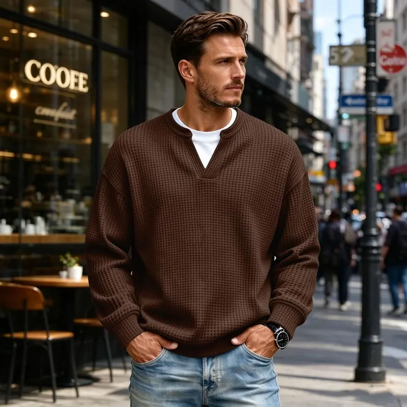 moolBeko Layered Waffle Comfort Tee Men Long I006-brown – Waffle Knit Textured Fabric