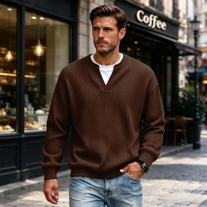 moolBeko Layered Waffle Comfort Tee Men Long I006-brown – Notch V Neck Split Collar