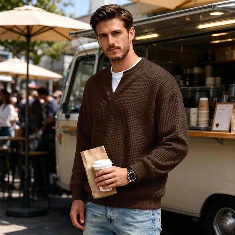 moolBeko Layered Waffle Comfort Tee Men Long I006-brown – Soft Durable Knit Material