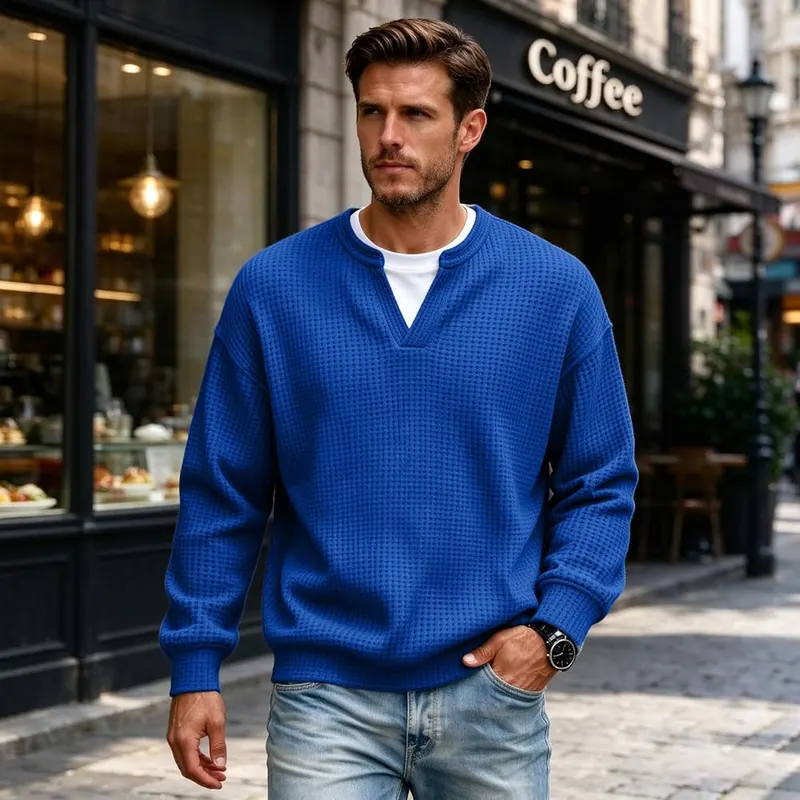 moolBeko Layered Waffle Comfort Tee Men Long I014-royal Blue – Notch V Neck Split Collar