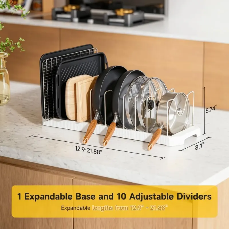MUDEELA Pots and Pans Organizer under Cabinet White – U-Shaped Grooved Shelf