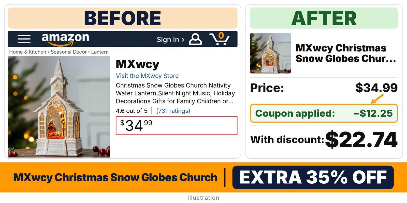 MXwcy Christmas Snow Globes Church Nativity Water deal: before and after – 35% off on Amazon