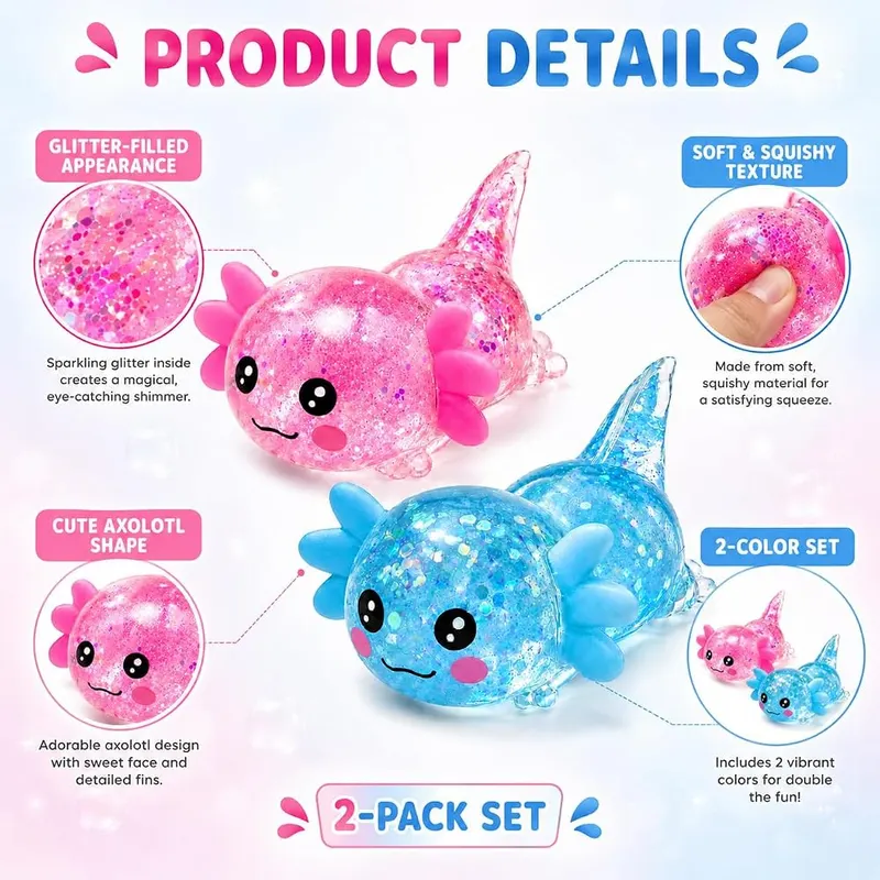 N/A 2 Pack Glitter Axolotl Squishy Toy – product photo 2 of 5