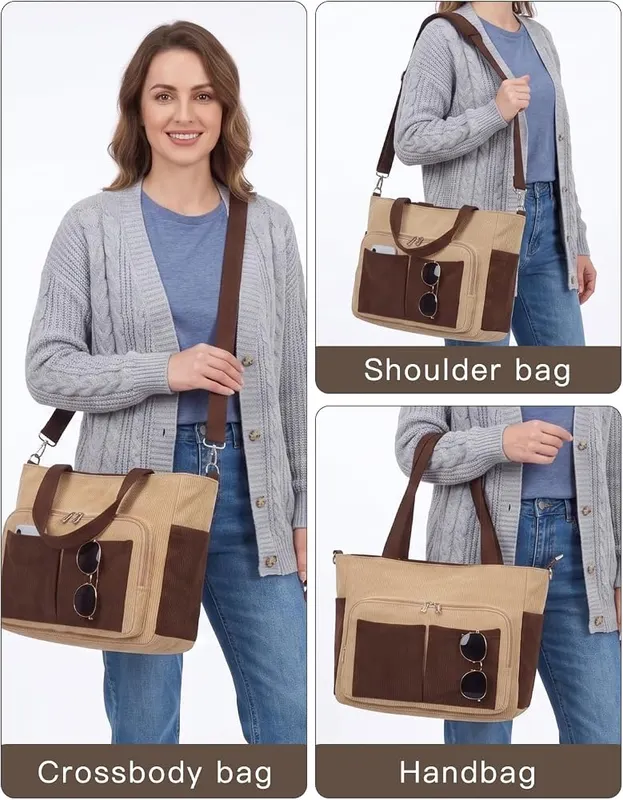 N/A COSHAYSOO Large Corduroy Work School Tote – Spacious 15.6 inch laptop compartment