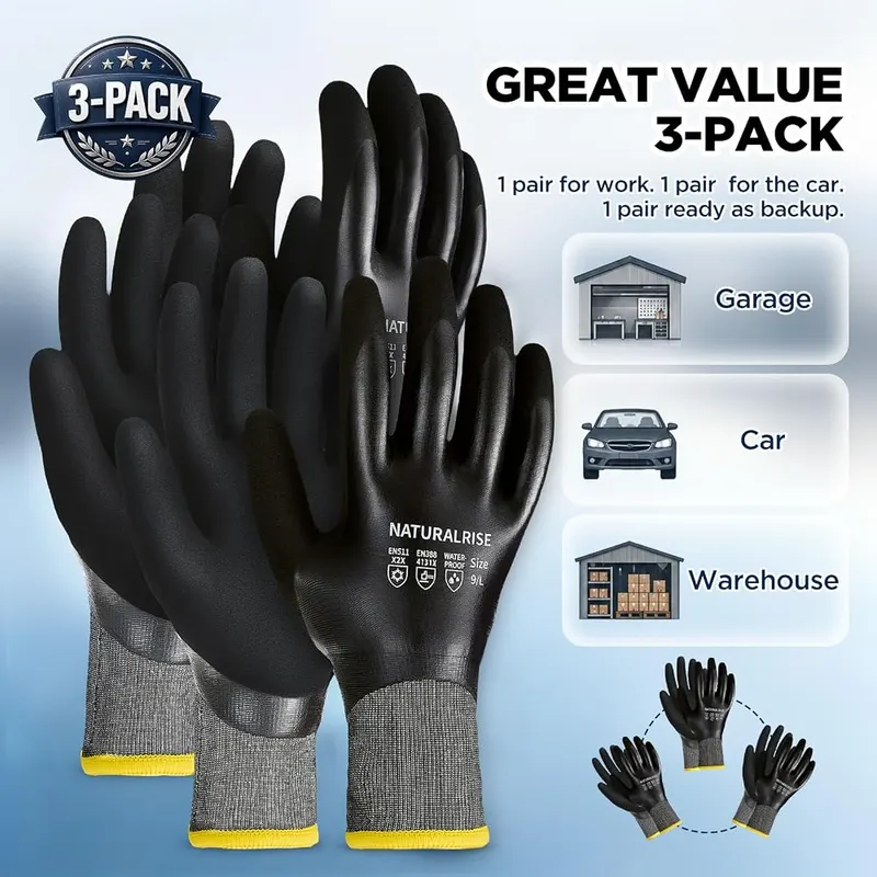 NATURALRISE 100% Waterproof Gloves Grey-3pack – Suitable for winter work tasks