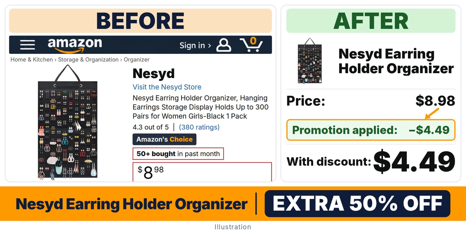Nesyd Earring Holder Organizer deal: before and after – promo code YL9E6WIB, 50% off on Amazon