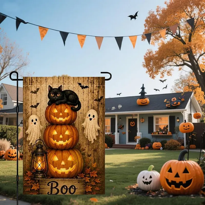 NHBTC Halloween Ghost Pumpkin Cat Garden Flag – Durable thick polyester fabric construction