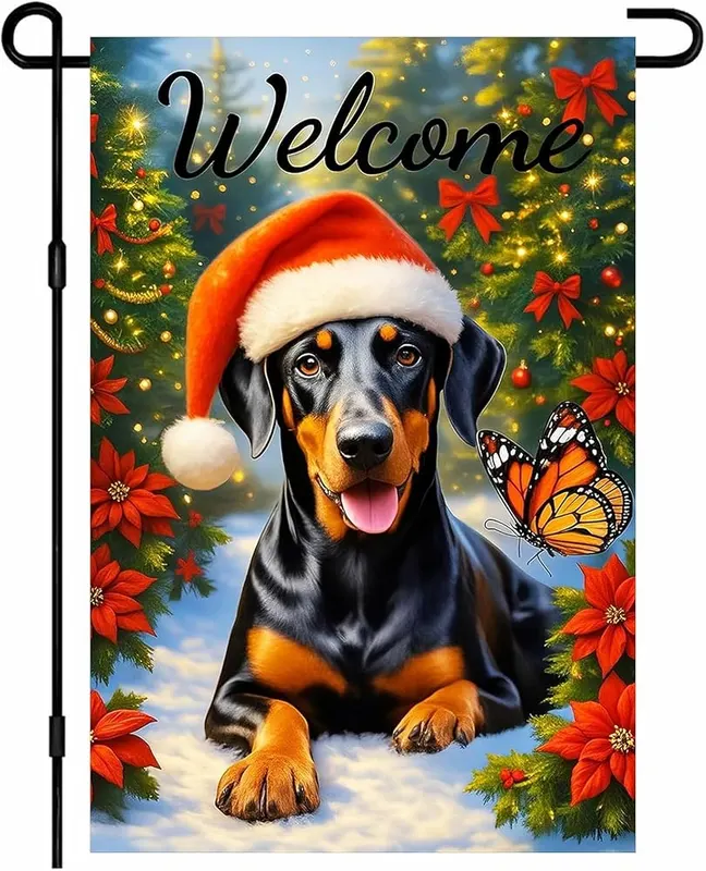 NHBTC Welcome Christmas Doberman Garden Flag in Doberman Welcome