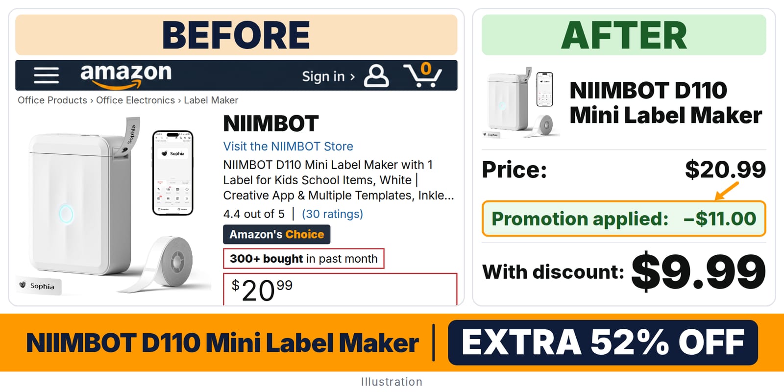 NIIMBOT D110 Mini Label Maker deal: before and after – promo code TQKE0P2M, 52% off on Amazon