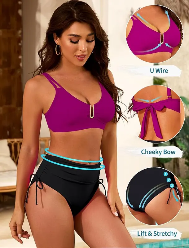 Nillocco Womens High Waisted Bikini Sets 2 – U-wire push-up top with V-neckline