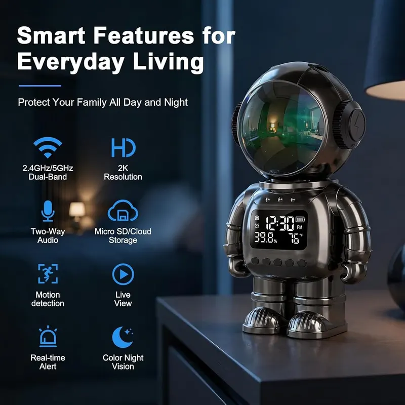 Noahlink 2K Clock Indoor Camera 2-Way – Disguised astronaut alarm clock design