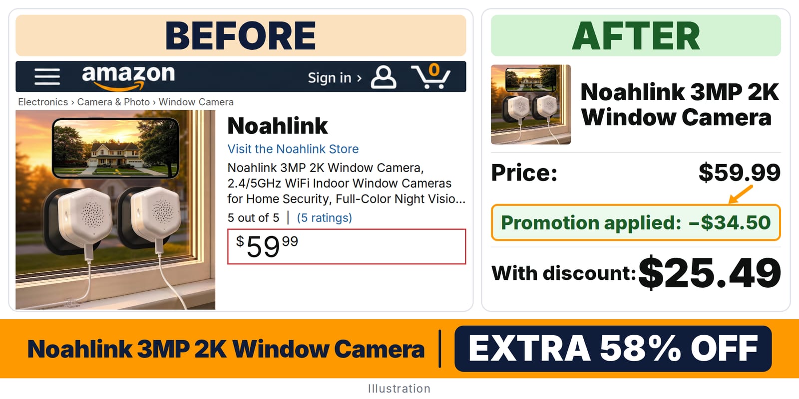 Noahlink 3MP 2K Window Camera deal: before and after – promo code X7M4NGY2, 58% off on Amazon