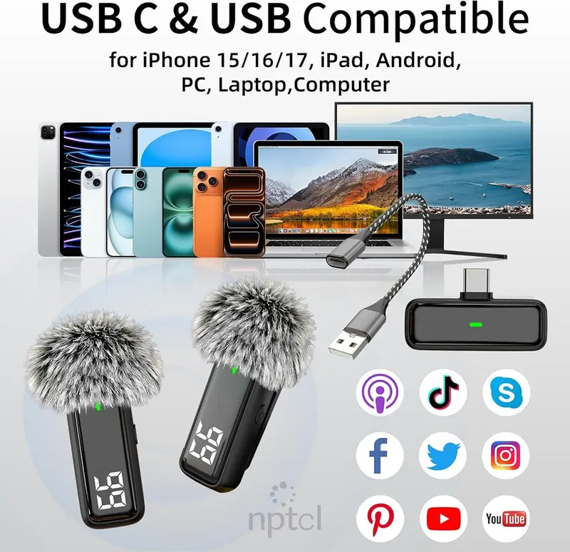 NPTCL Wireless USB Type C Microphone – 360 degree omnidirectional sound capture