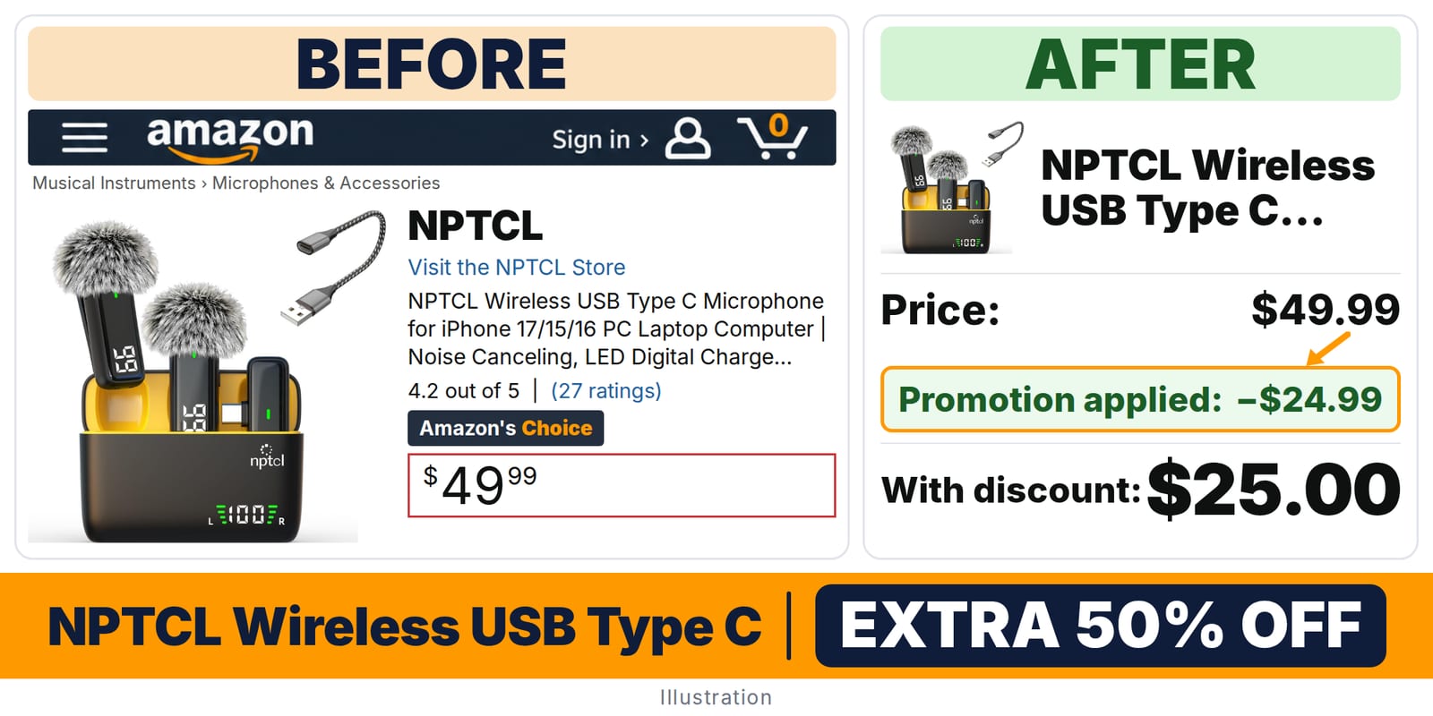 NPTCL Wireless USB Type C Microphone deal: before and after – promo code TL36CDA5, 50% off on Amazon