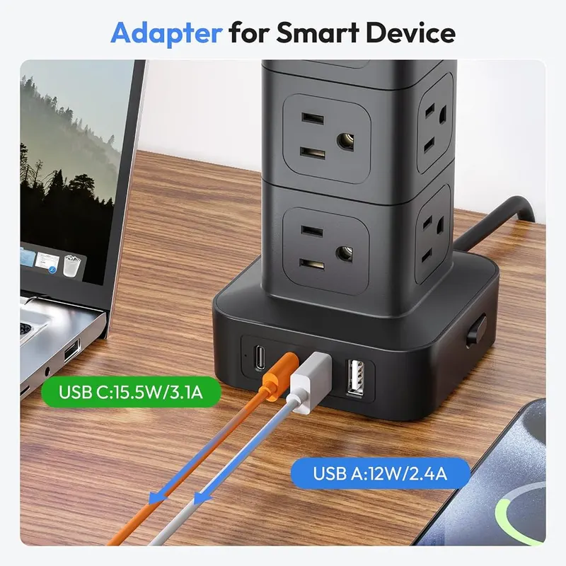 NTONPOWER 15 FT Power Strip Surge Protector – Four-sided compact tower