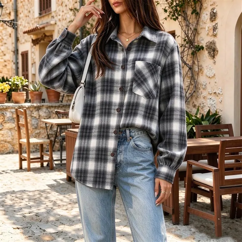 Numaller Womens Plaid Shirt Pockets Front Lapel – Material