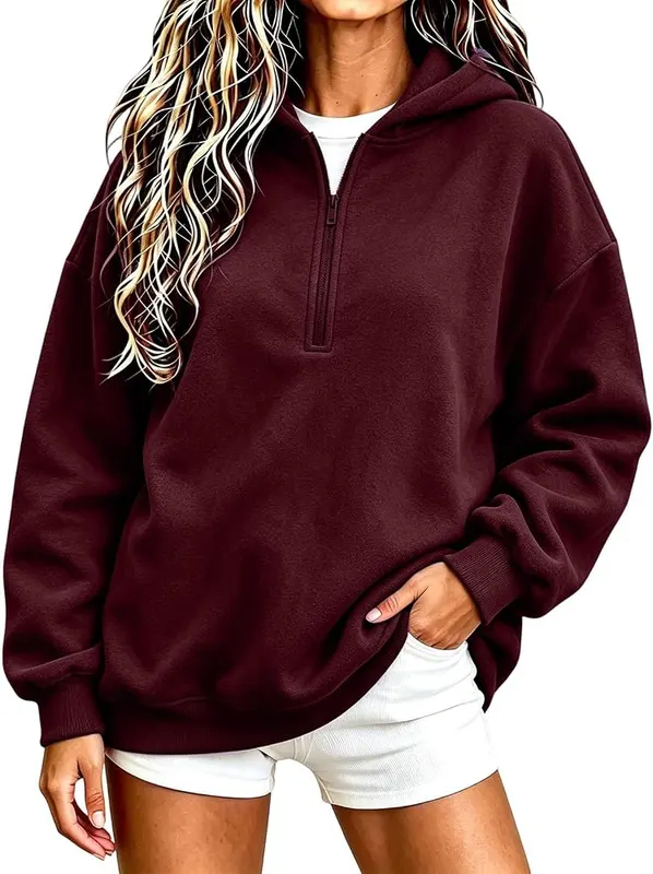 Numaller Womens Quarter Zip Pullover Fleece Hooded A10 Wine X-Large – Feature