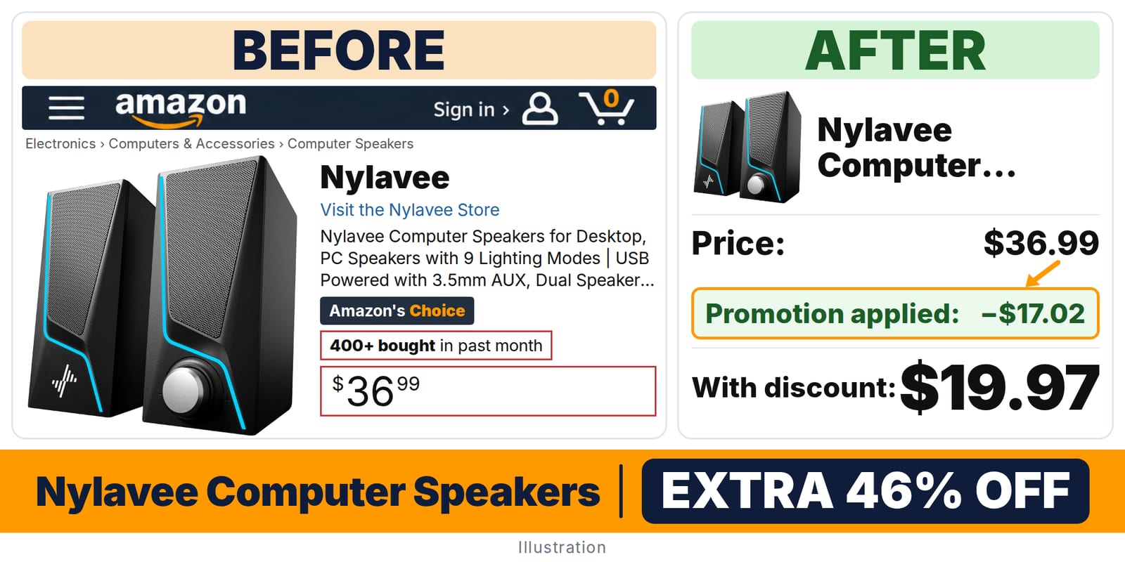 Nylavee Computer Speakers deal: before and after – promo code H49L26MY, 46% off on Amazon