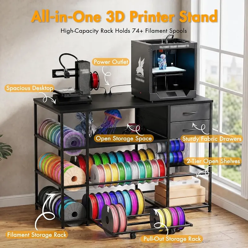 Oakvera 3D Printer Stand Black – Rolling, lockable filament drawer