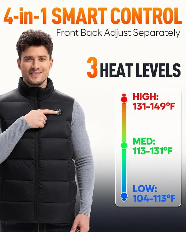 OCQOCQ Men’s Heated Vest – Three adjustable heat levels