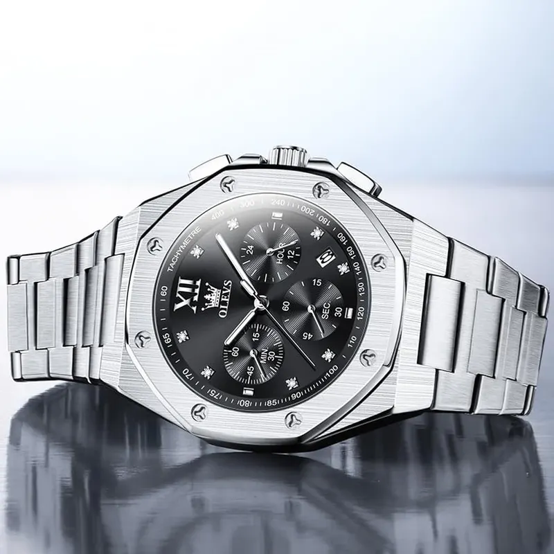 OLEVS Mens Silver Watch Multifunctional Chronograph Dial – Chronograph dial with sub-dials