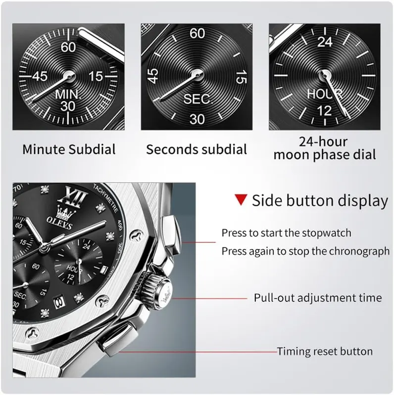 OLEVS Mens Silver Watch Multifunctional Chronograph Dial – Luminous scale markers for night visibility