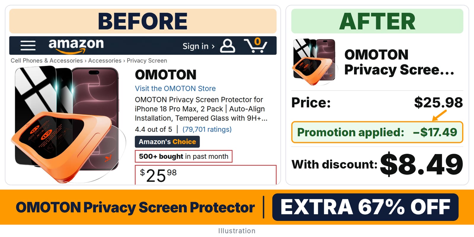 OMOTON Privacy Screen Protector 9H+ deal: before and after – promo code UANMV43K, 67% off on Amazon