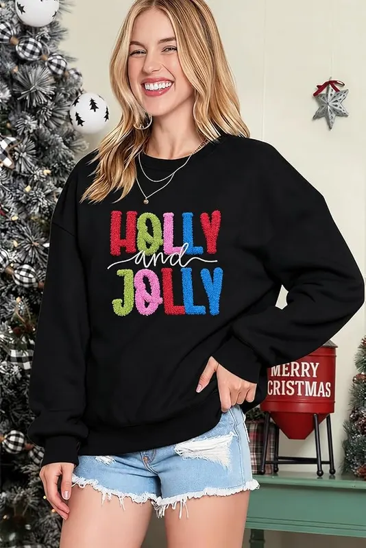 OPGFJHEW Christmas Sweatshirts Black – Embroidered holiday letter graphics
