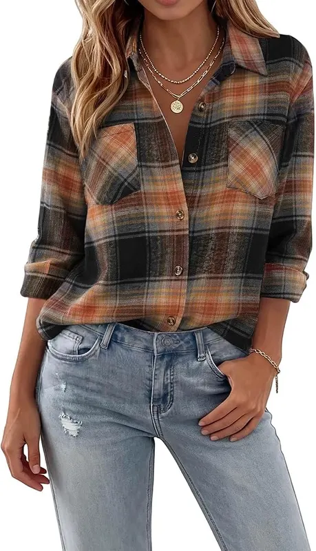 Orange Womens Button Down Shirt Plaid Flannel – product photo 2 of 7