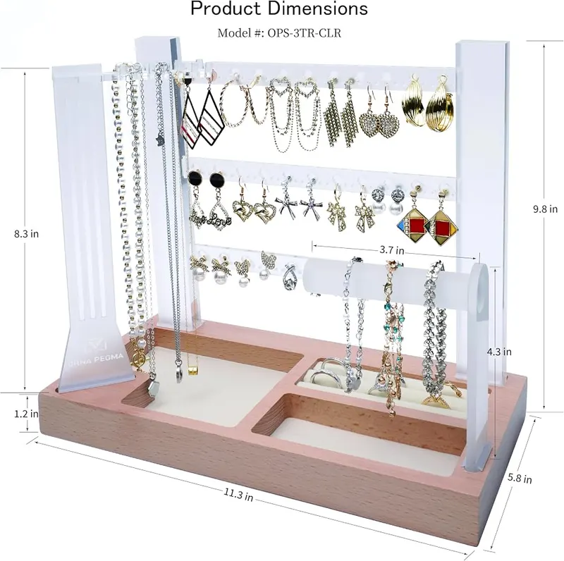 ORNA PEGMA Jewelry Organizer Stand 3 Tier Acrylic Jewelry – Integrated 12 hook necklace hanger