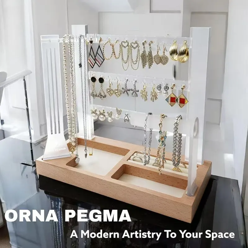 ORNA PEGMA Jewelry Organizer Stand 3 Tier Acrylic Jewelry – Plush velvet ring tray compartments