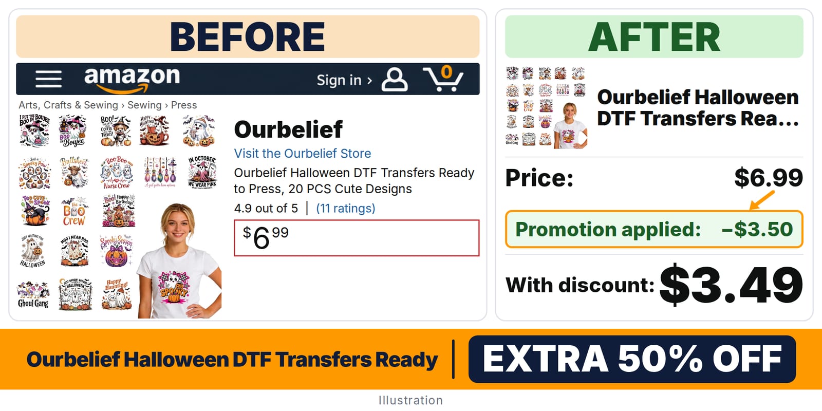 Ourbelief Halloween DTF Transfers Ready to Press deal: before and after – promo code L7SJLEG3, 50% off on Amazon