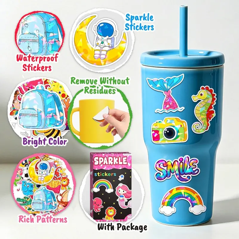 Partywind Sparkly Glitter Sticker Pack – One hundred unique sparkly designs