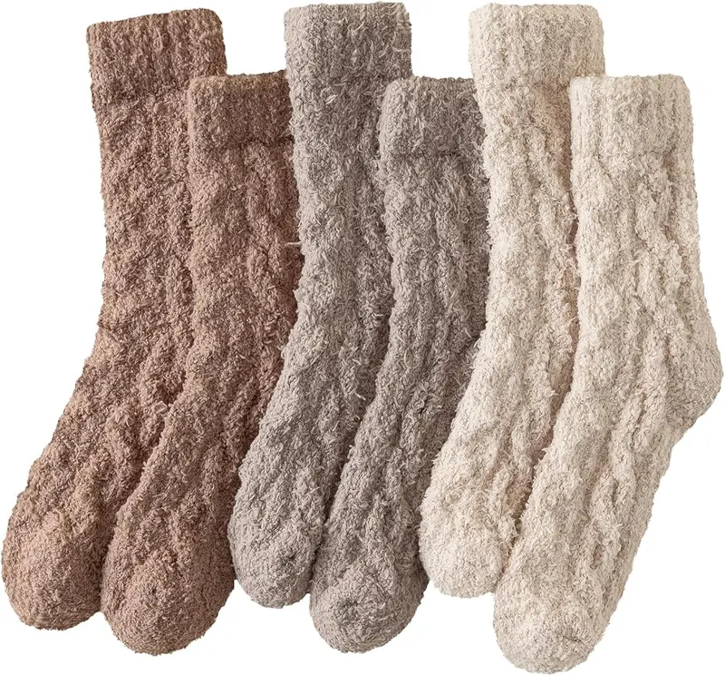Passionbility Womens Fuzzy Socks Cozy Fluffy Winter in 3 Pairs Camel&khaki&coffee