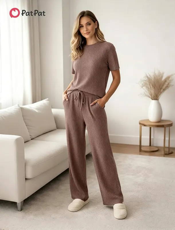 PATPAT Lounge Sets Brown – Two-piece ribbed knit lounge set