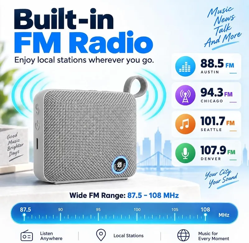 PHASEOTECH FM Radio & Bluetooth Speaker IP68 Silver – Integrated FCC certified FM radio