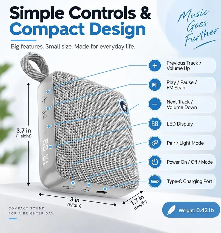 PHASEOTECH FM Radio & Bluetooth Speaker IP68 Silver – Reliable Bluetooth 5.3 wireless connectivity