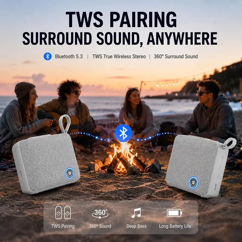 PHASEOTECH FM Radio & Bluetooth Speaker IP68 Silver – True wireless stereo pairing support