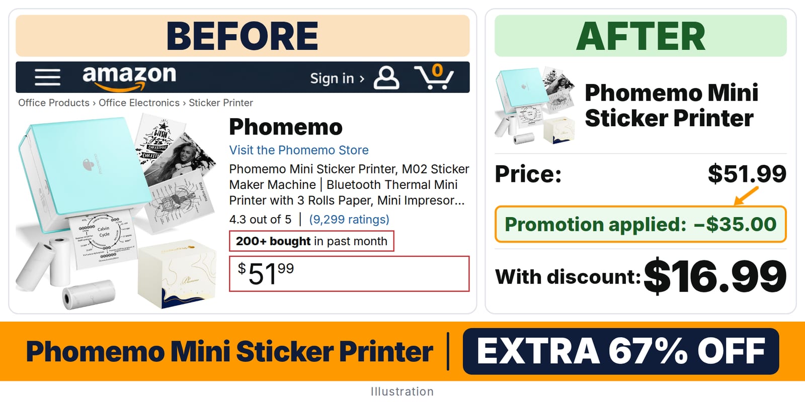 Phomemo Mini Sticker Printer deal: before and after – promo code HLLGKIJ6, 67% off on Amazon