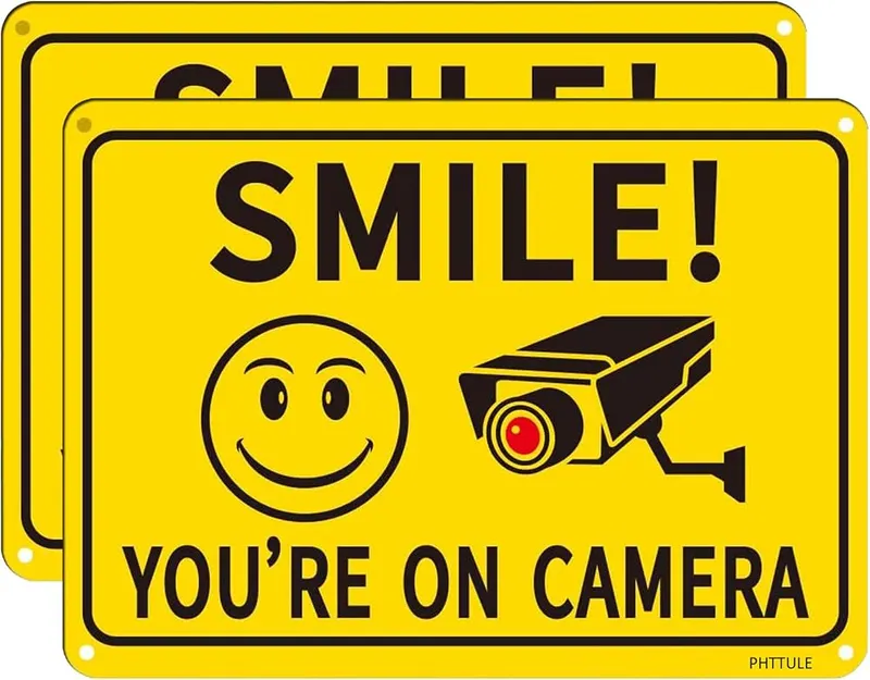 PHTTULE Smile You’re on Camera Sign 2 in Yellow E2pcs