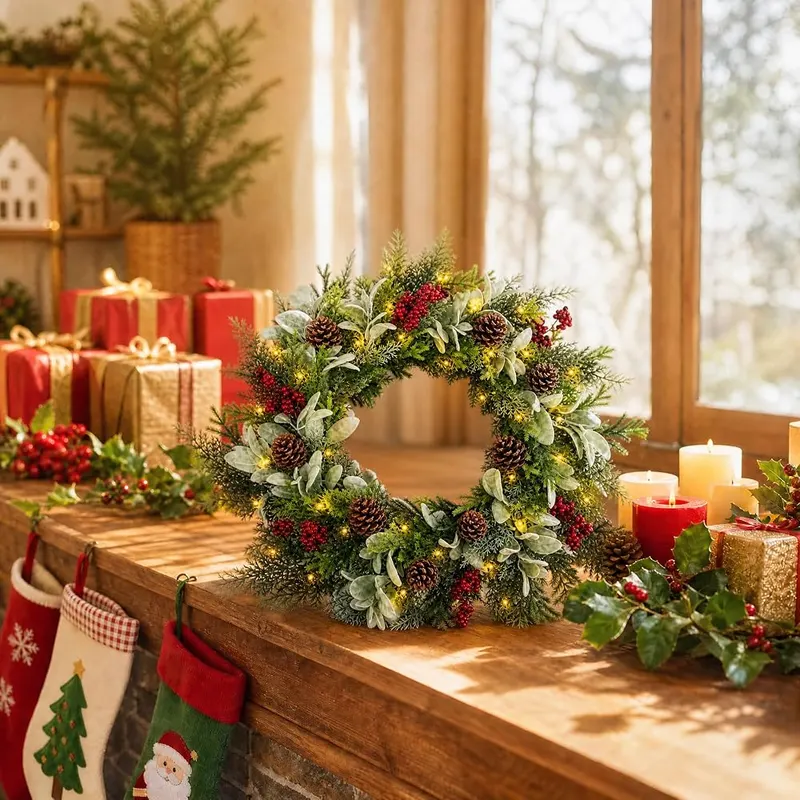Pinkpum 24″ Christmas Wreath Red – Thick layered artificial greenery design