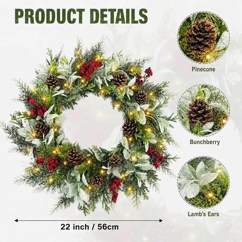 Pinkpum 24″ Christmas Wreath Red – Realistic pinecones and red berries