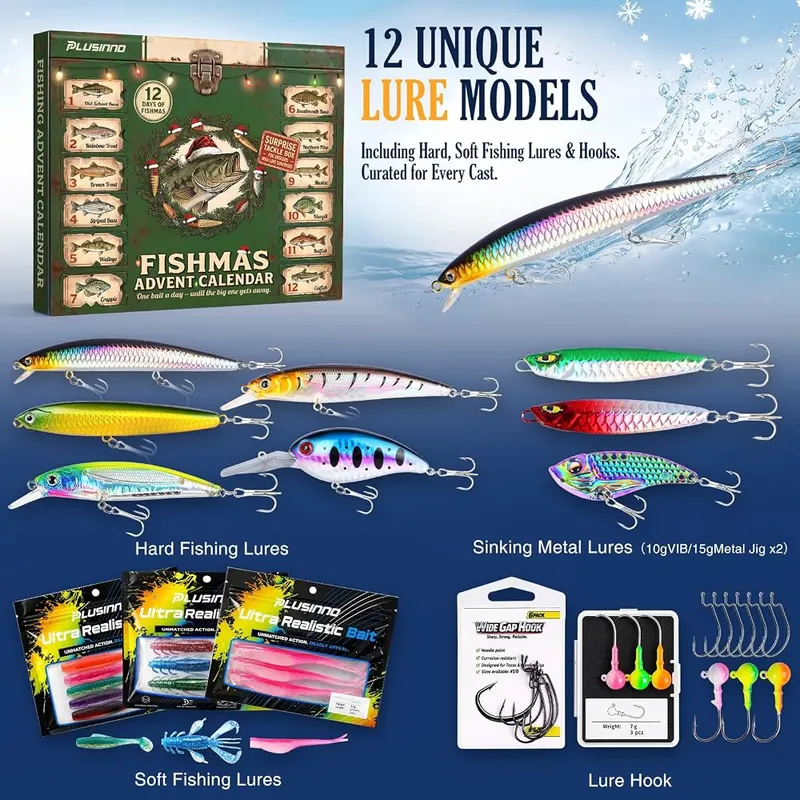 PLUSINNO Fishing Advent Calendar 2026 – Fishing Lure Advent Calendar 2026 Tackle Gift Box