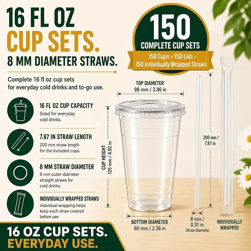 PODJULFA 150 Pack 16 oz Plastic Cups – Snug-Fit Flat Lids Help Reduce Spills